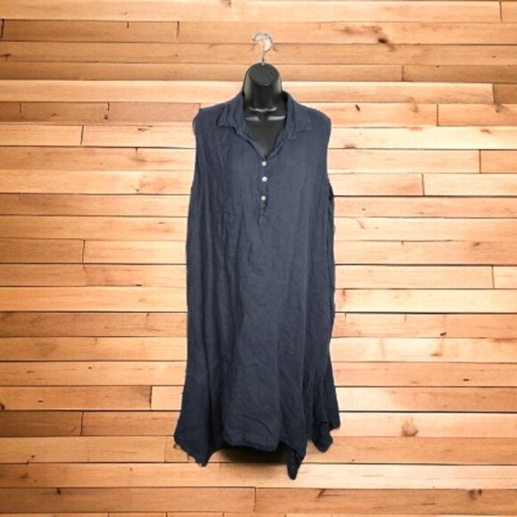 M Made in Italy Pure Linen Boho Lagenlook Coastal Cutout Midi Shirt Dress XL - Picture 1 of 10